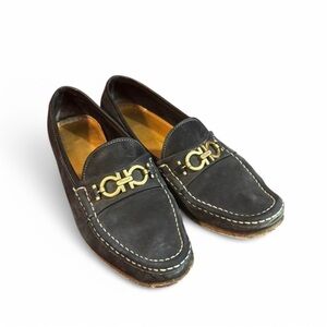 Salvatore Ferragamo Womens Black Suede Loafers Sz 9 AA Gancini Bit Slip On Italy